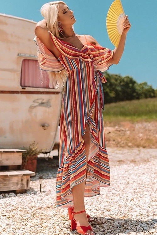 Jealous Tomato Multi Color Ruffle Hem Off-Shoulder Wrap Boho Fest Dress Size M