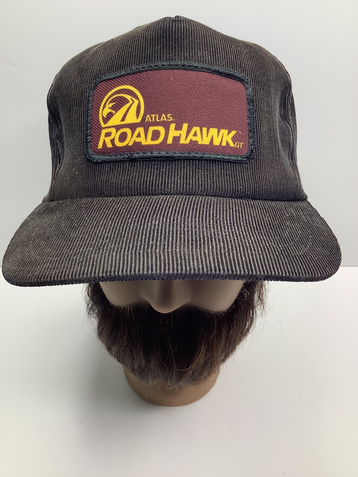 Vintage Atlas RoadHawk Black Corduroy Trucker Hat Cap Strap Back *READ*