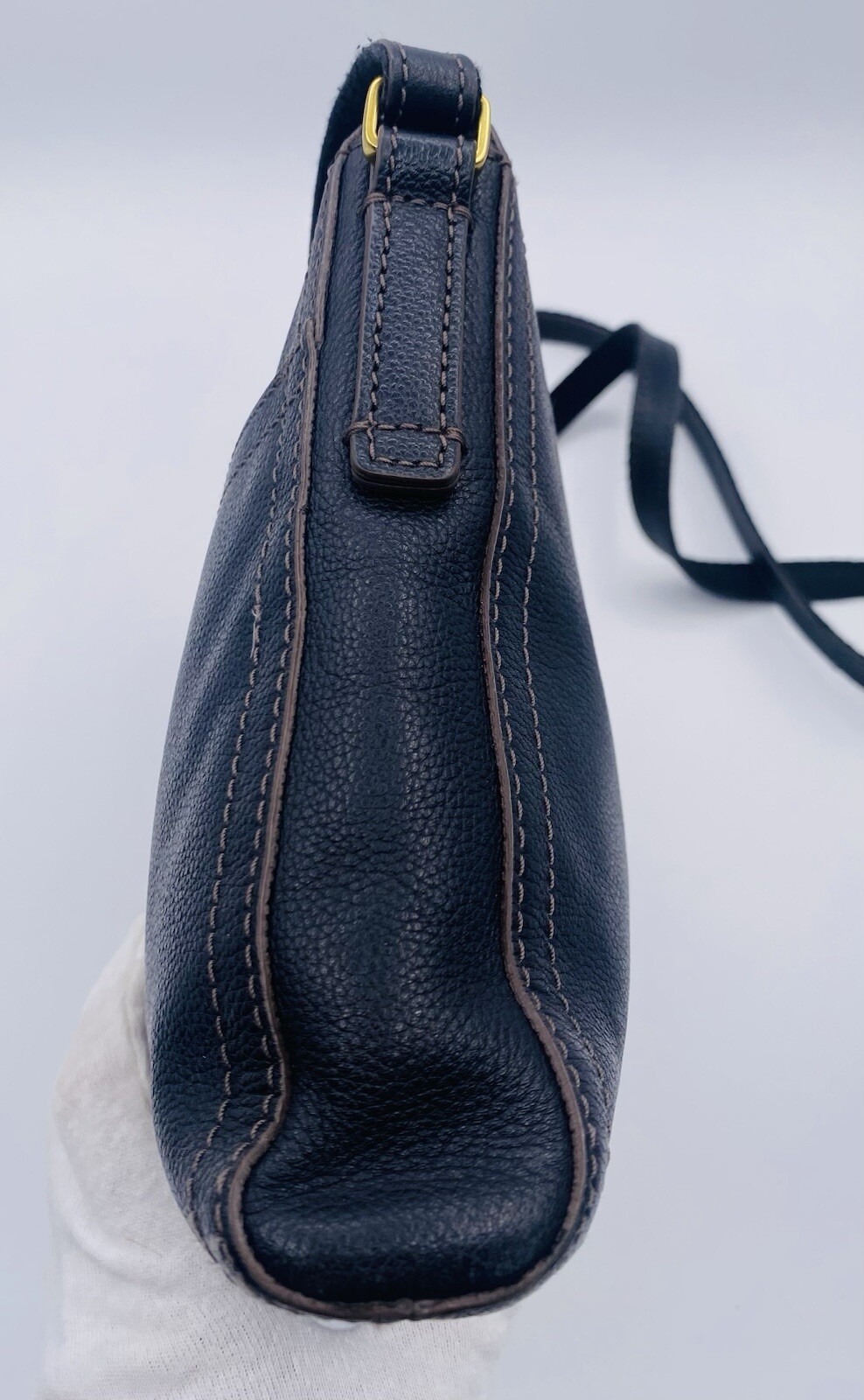 Fossil Fiona Black Pebbled Leather Thin Adjustable Crossbody Bag Front Pocket
