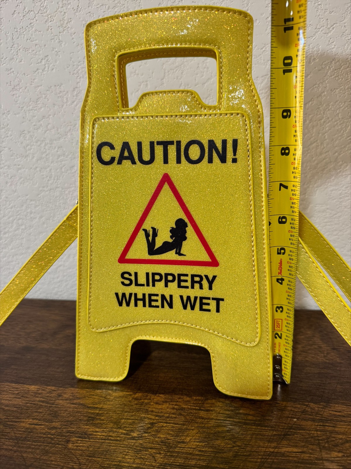 Dolls Kill Glitter Caution Slippery When Wet Crossbody Purse Yellow Novelty Bag