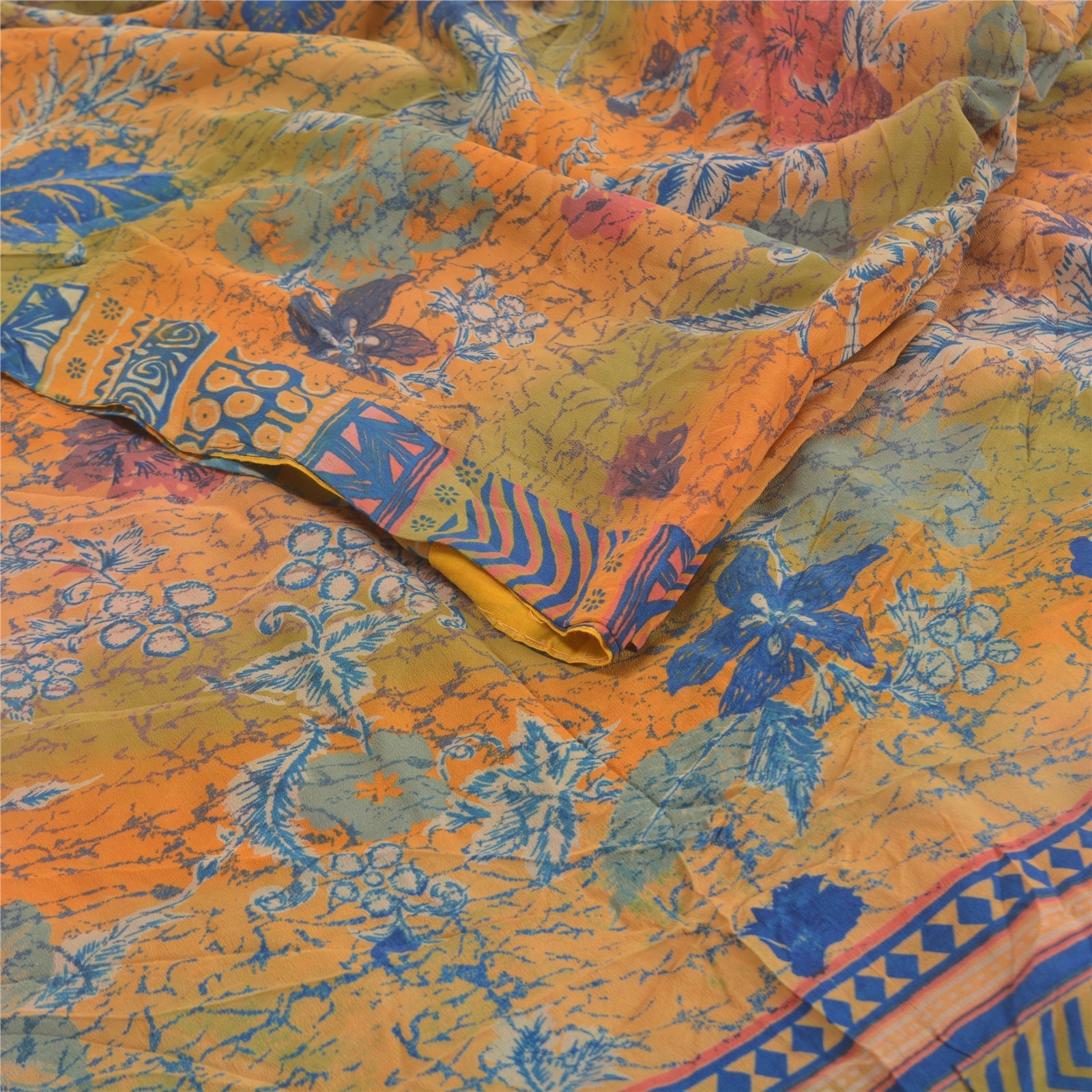 Sanskriti Vintage Saree Multicolor 100% Pure Crepe Floral Print 5+YD Sari Craft