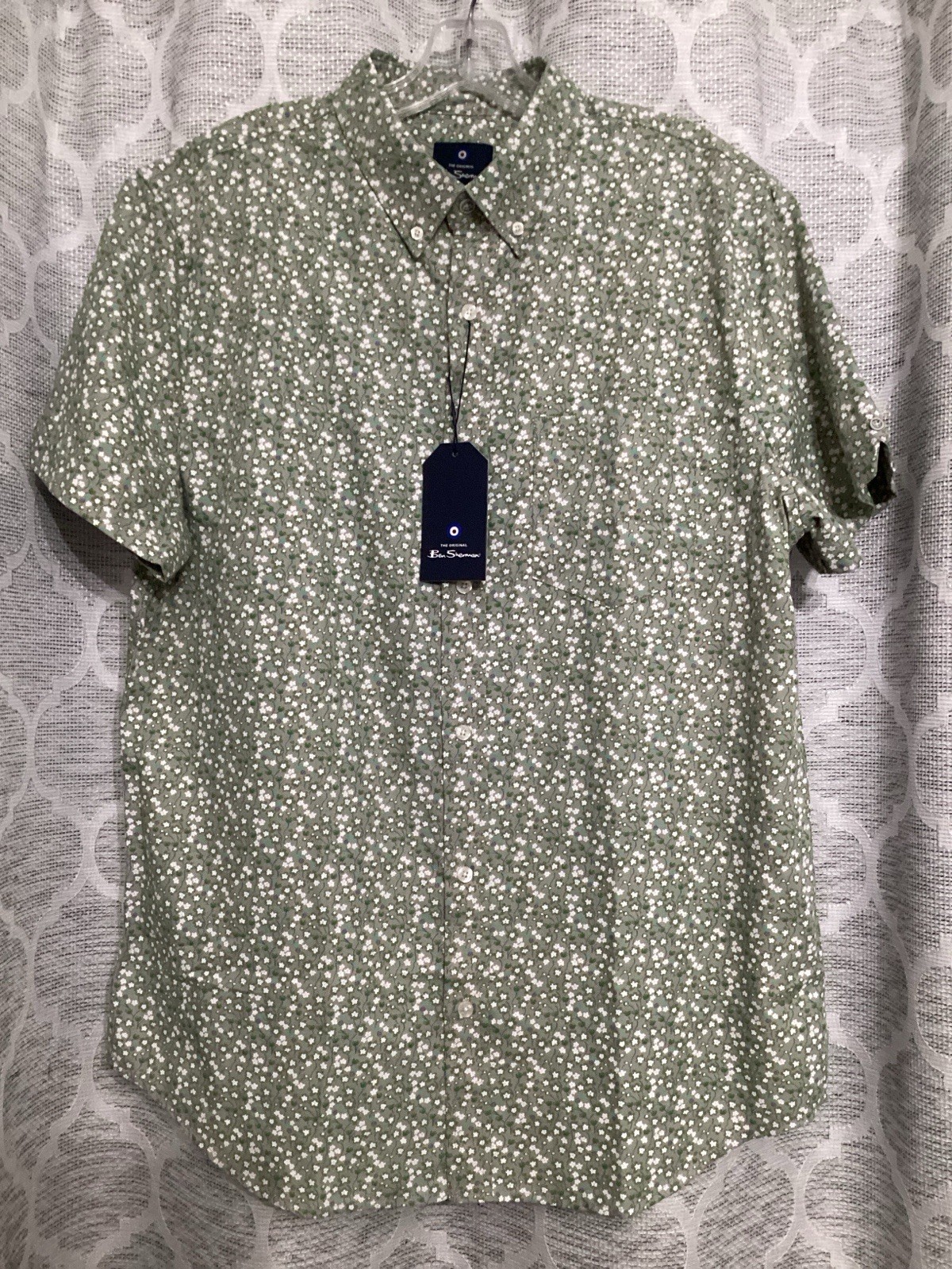 Ben Sherman Floral Print Shirt DK Oatmeal Short Sleeve Mens New NWT Size L