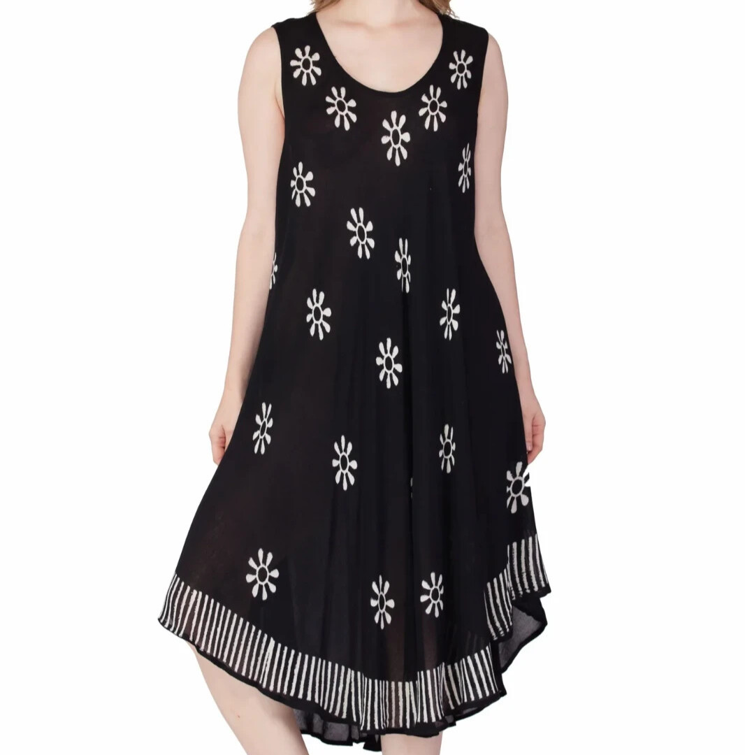 India Boutique Umbrella Midi Dress One Size Plus Size Black Batik Hippie NWT