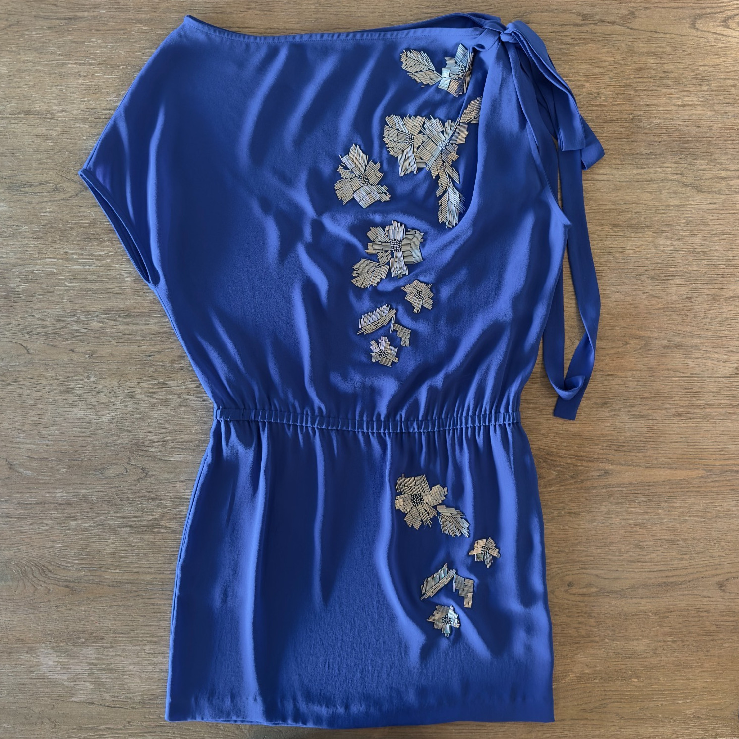 Robert Rodriguez Royal Blue Sheath Dress-Silver Beaded Floral Design-Size 4 $175