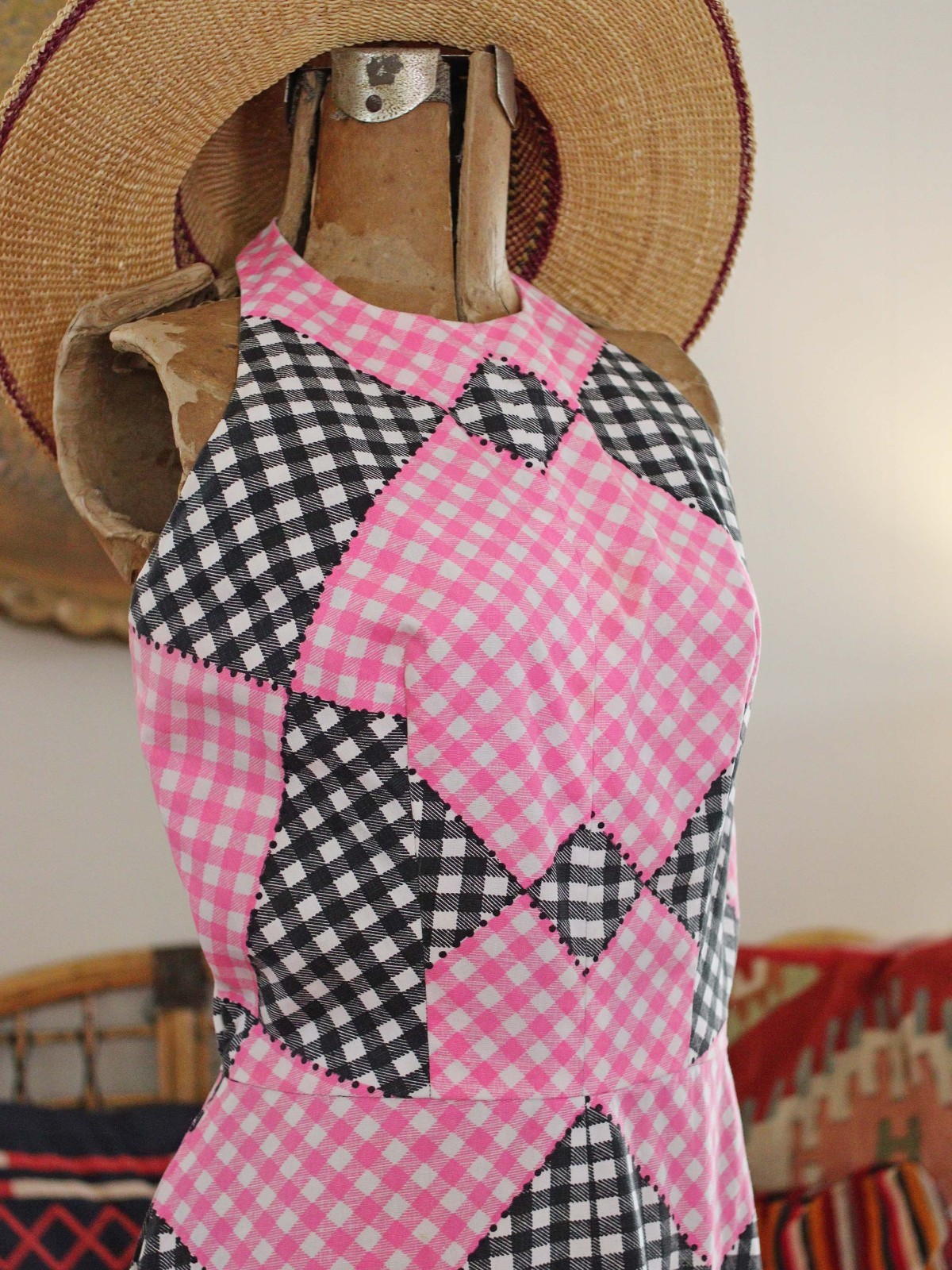 VTG 1960s Cotton Gingham Check Print Pink Black White Halter Maxi Party Dress