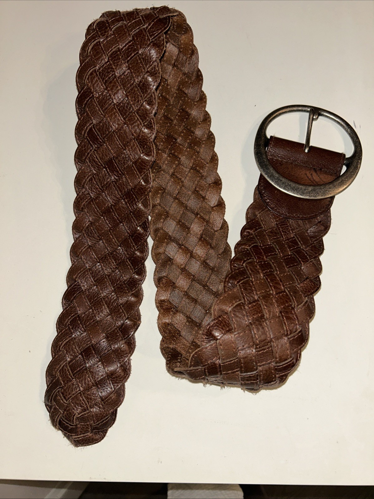 Banana Republic Braided Leather Belt Brown Woven 2 3/4” Wide 3 3/4” Brass Buckle