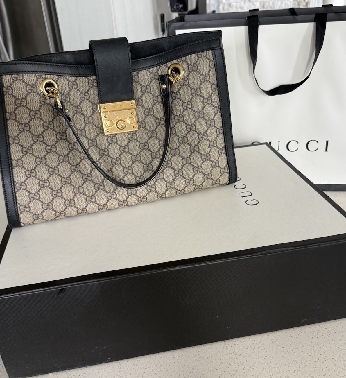 Gucci GG Padlock Medium Top Handle Bag Beige Black Gold Lock Chain Strap