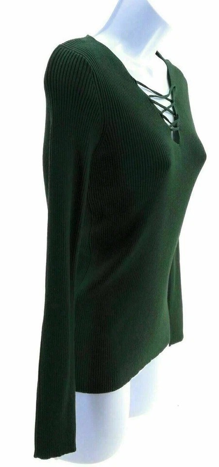 Ambiance Apparel Juniors Large Emerald Green Lace Up Ribbed Knit Sweater Top