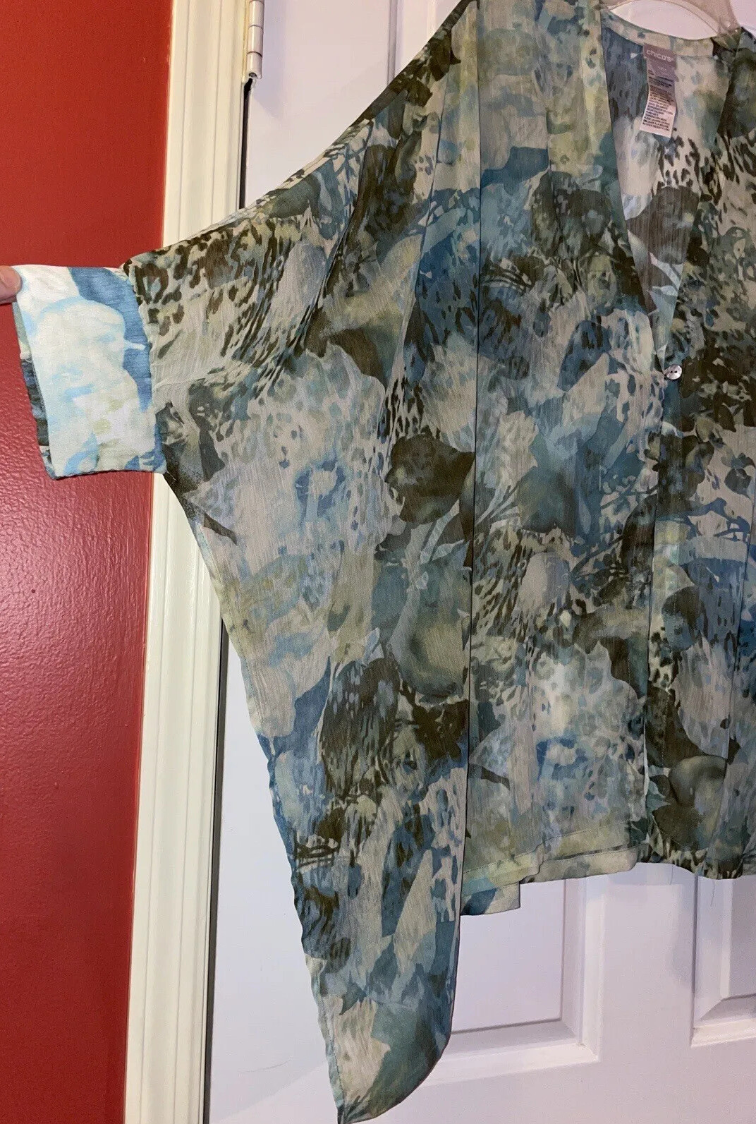 Chico’s Open Cover Up Lightweight Sz S/M Kimono Top Blue Green Rayon Blend