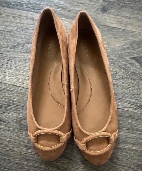 Talbots Tan Suede Ballerina Flats Size 7 With Buckle Detail Minimalist Career