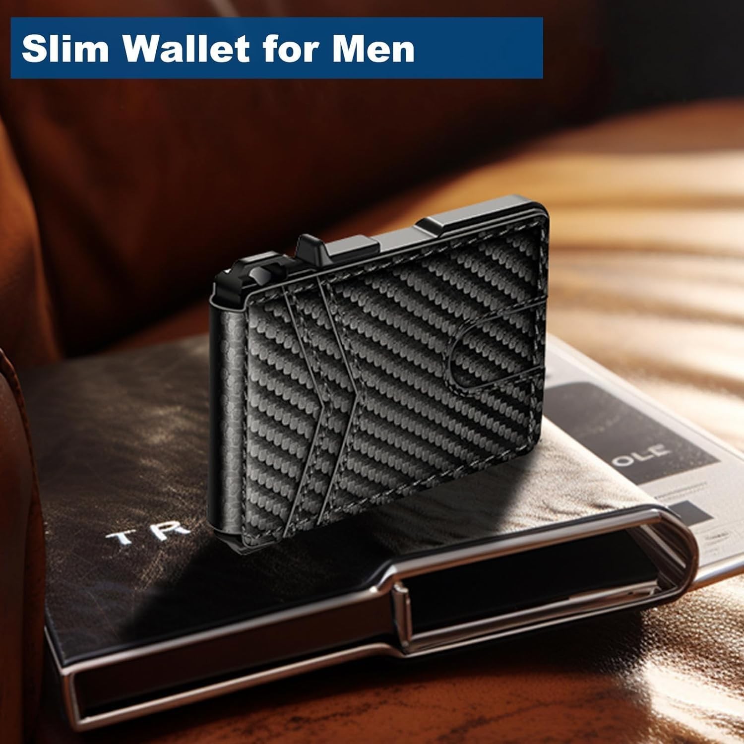 Men’s Slim PopUp Bifold Carbon Fiber Wallet, RFID Blocking, Money Clip, Men Gift