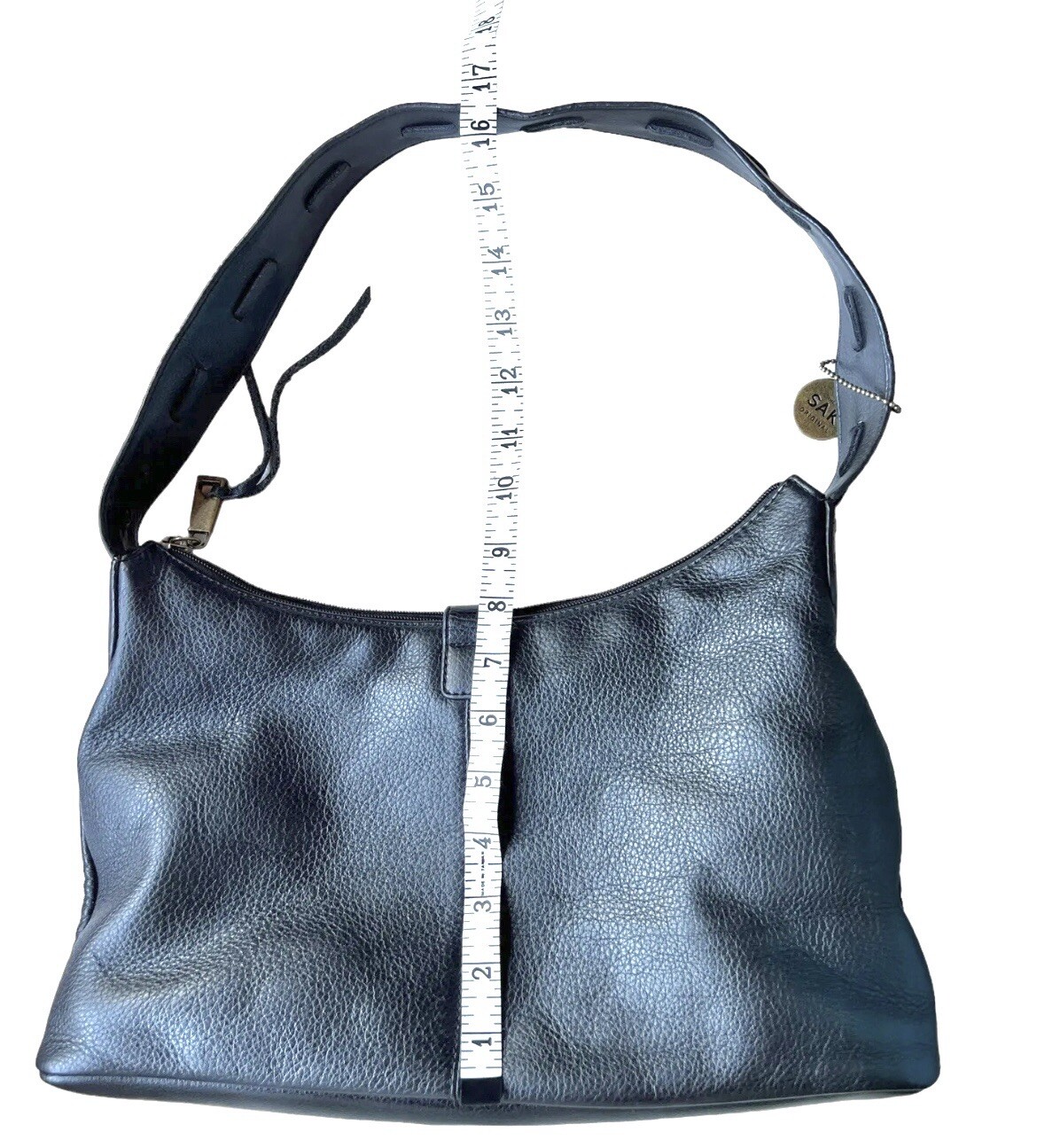The Sak Handbag Logo Stitched Black Leather Zippered Pocket 10” Drop Handle