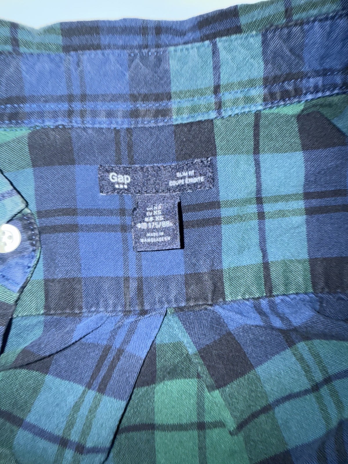 Gap Slim Fit Plaid Button Down Shirt Men’s XS Blue Green Black Watch Long Sleeve