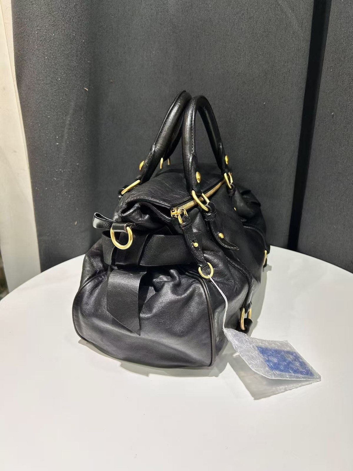 Authentic Miu Miu Biker Bow Large Black Oil Wax Leather Handbag Italy