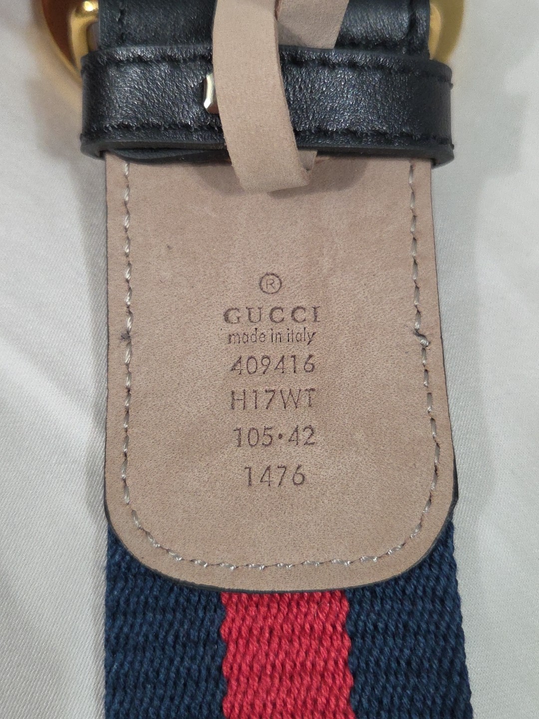 Gucci GG Brass Buckle Striped Navy Red Dress Belt Men’s 36-38 IT 105CM