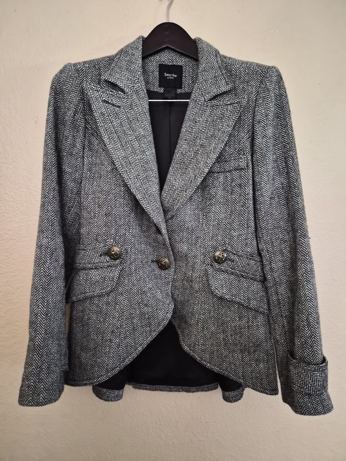 Smythe Equestrian Blazer Herringbone Elbow Patch Jacket Black Grey Wool SZ 12