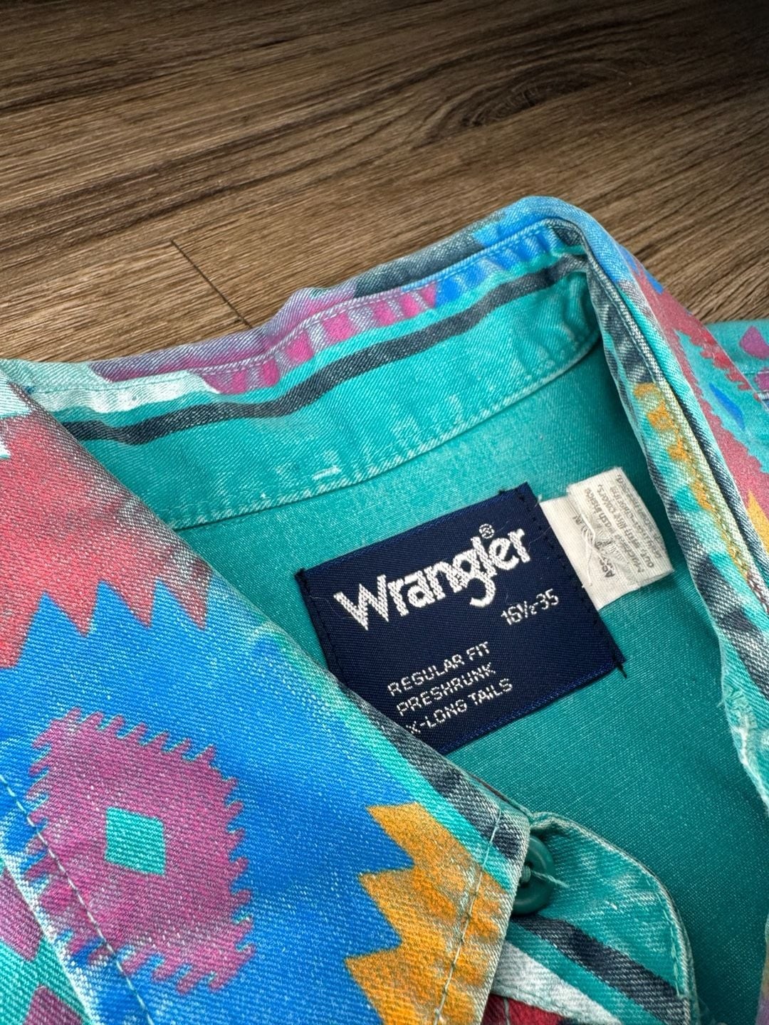 Vintage Wrangler Brushpopper Western Shirt Aztec Geometric Print Teal LongSleeve