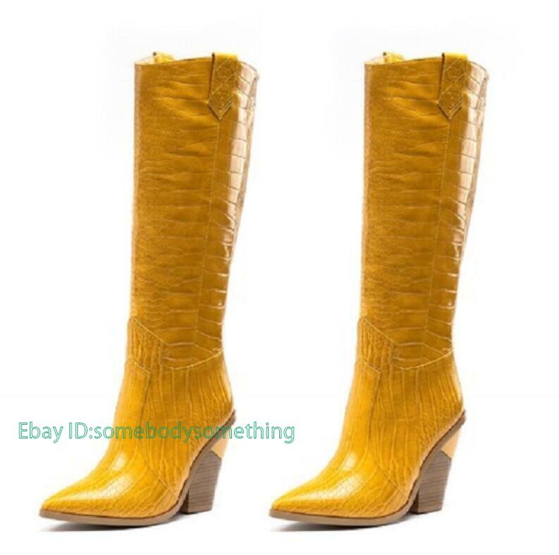 Women Pointy Toe Block Heel Cowboy Knee High Boots Pull On Outdoor Casual Shoes