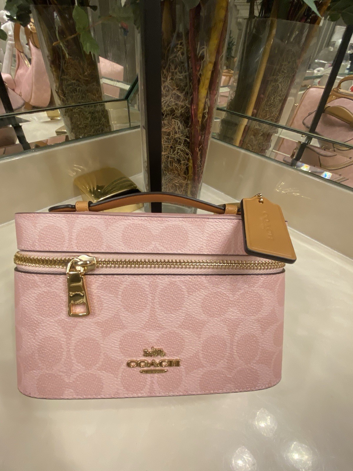 Coach Pink Signature Logo Crossbody Bag Top Handle Zip Gold Hardware Bag Charm