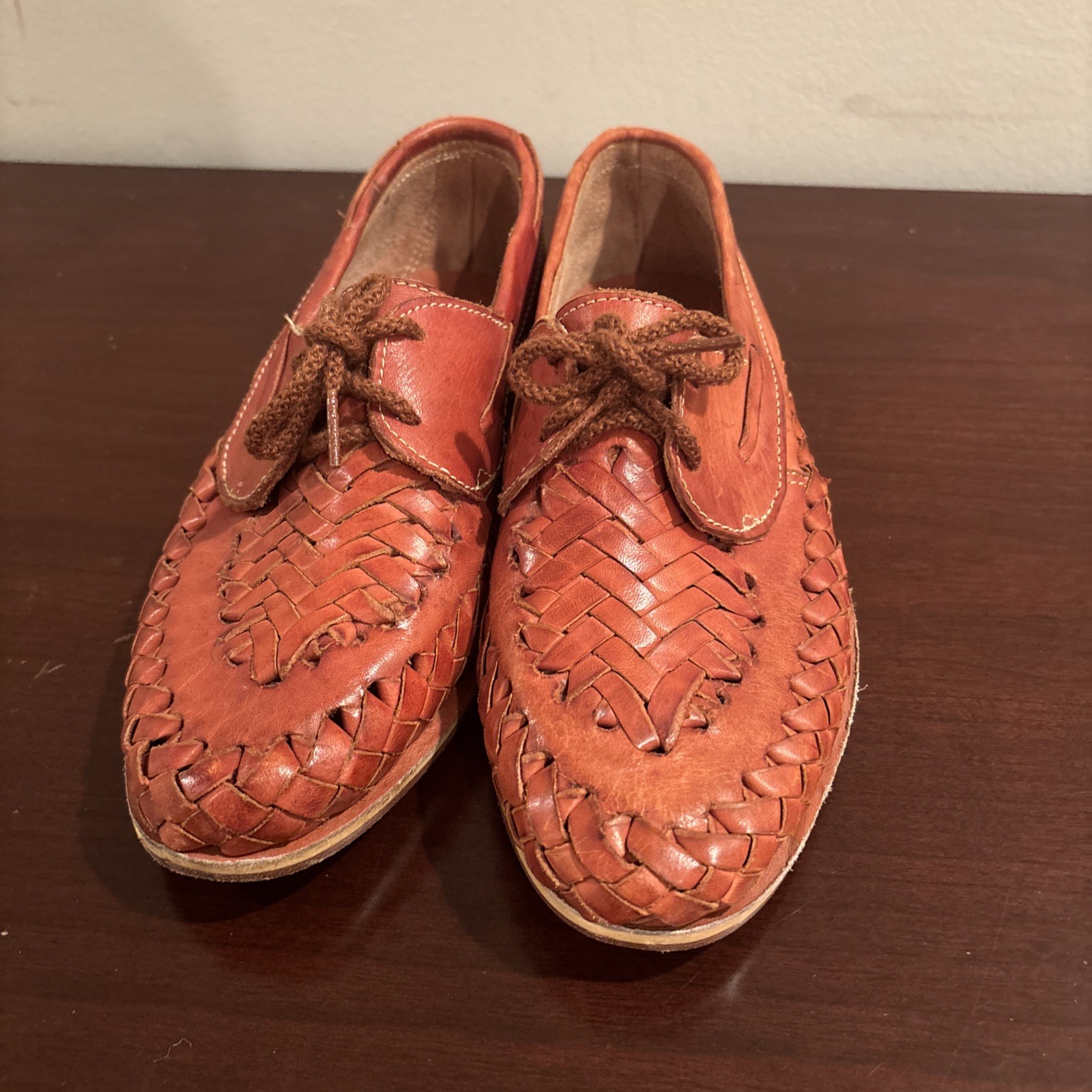 Vintage Olee Originales Tan Woven Leather Huarache Oxford Flats Lace Up Mexican