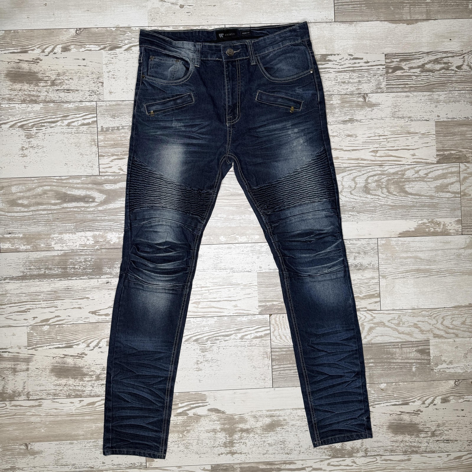 Waimea Jeans Mens 34×31 Blue Skinny Moto Biker Distressed Stretch Denim Pants