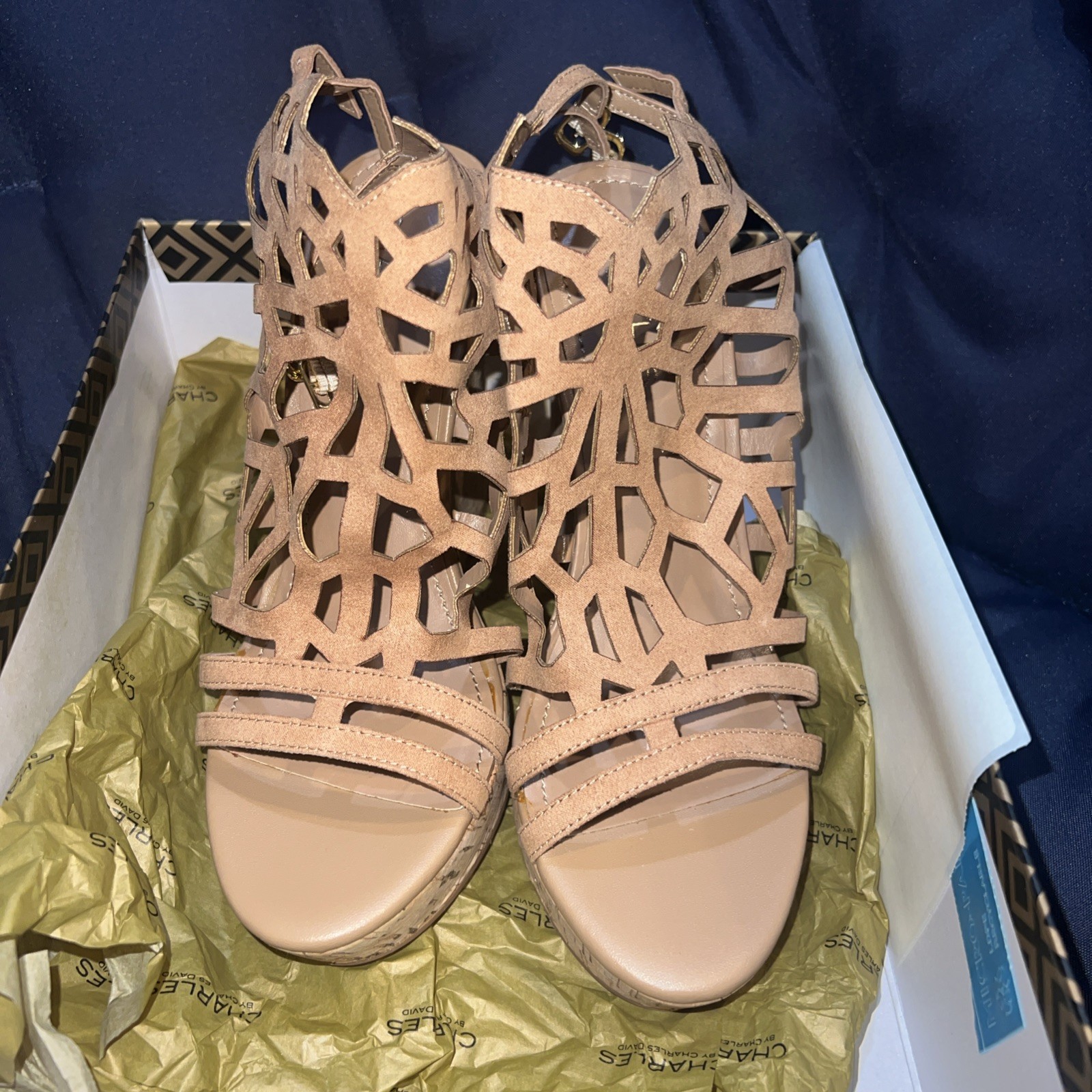 Charles by Charles David “Apollo” Black Faux Leather Cork Wedge Sandal Size 9.5M