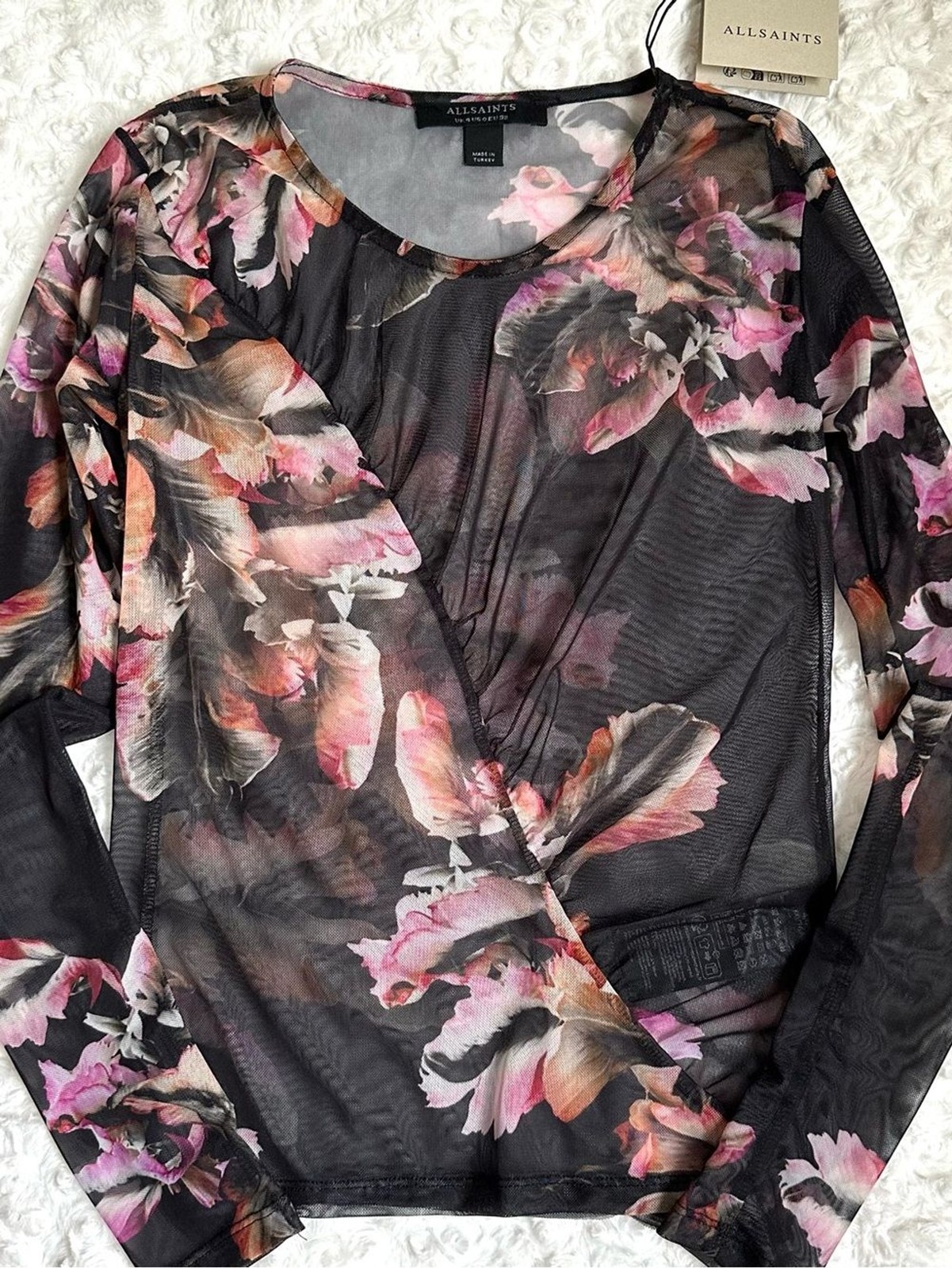 AllSaints Floral Mesh Ruched Top NWT XS Sheer Long Sleeve