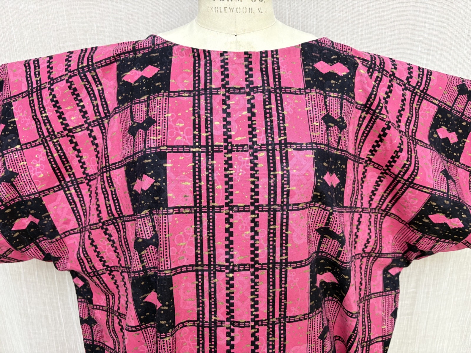 Vintage Miss Egypt Dress Middle Eastern Kaftan Pink Gold Print Ethnic Cotton OS
