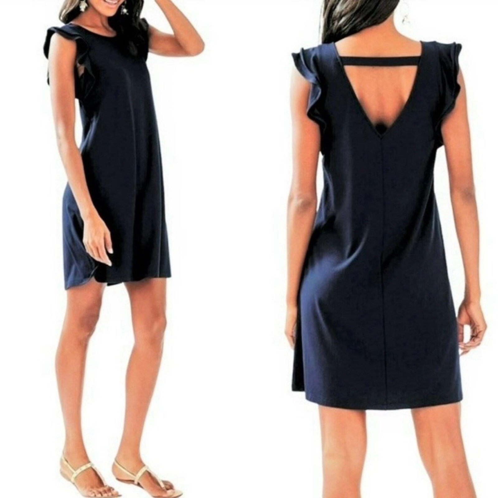 Lilly Pulitzer Dani Ruffle Swing Dress True Navy XS Flutter Sleeve V-Back A-Line