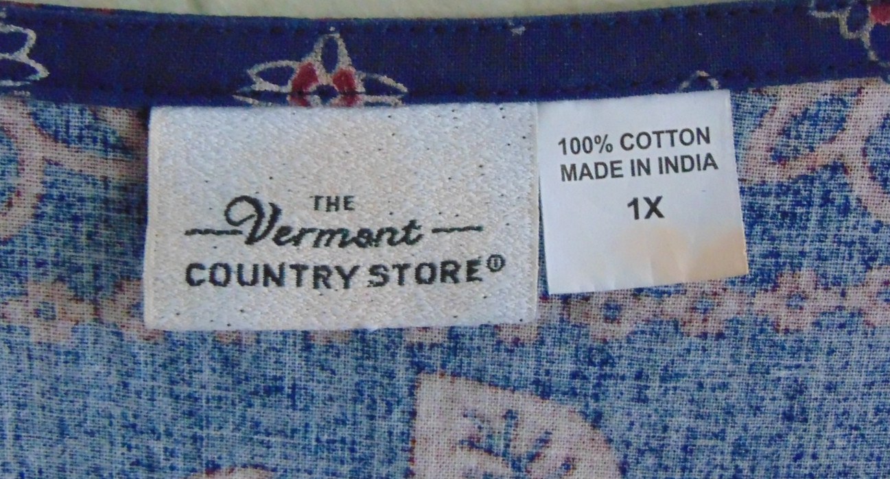 Vermont Country Store Cotton Batik Midi Dress Muumuu 1X Blue Red Tan Pockets