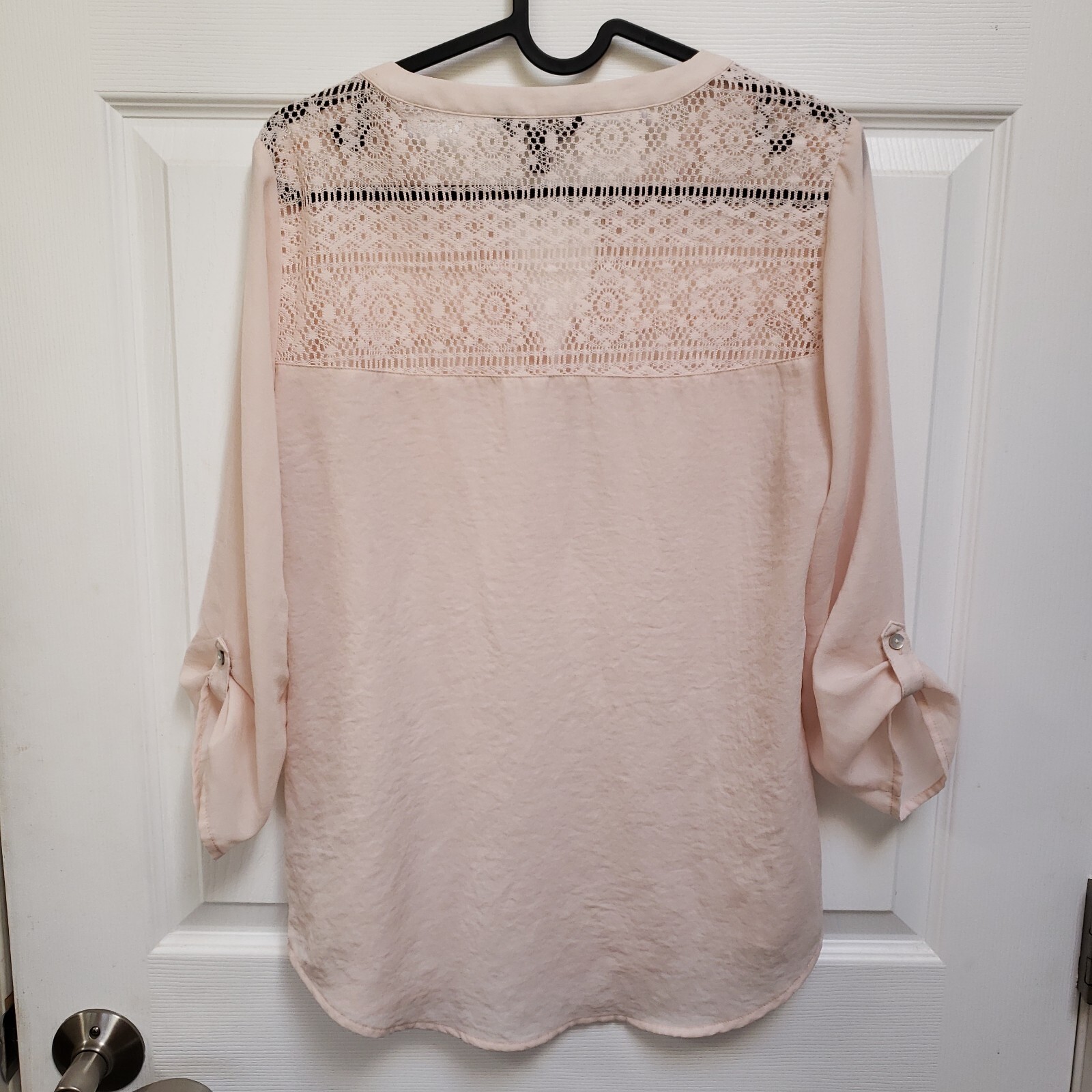 Express Pale Peach Lace Semi Sheer Roll Tab Pop Over Blouse Womens XS
