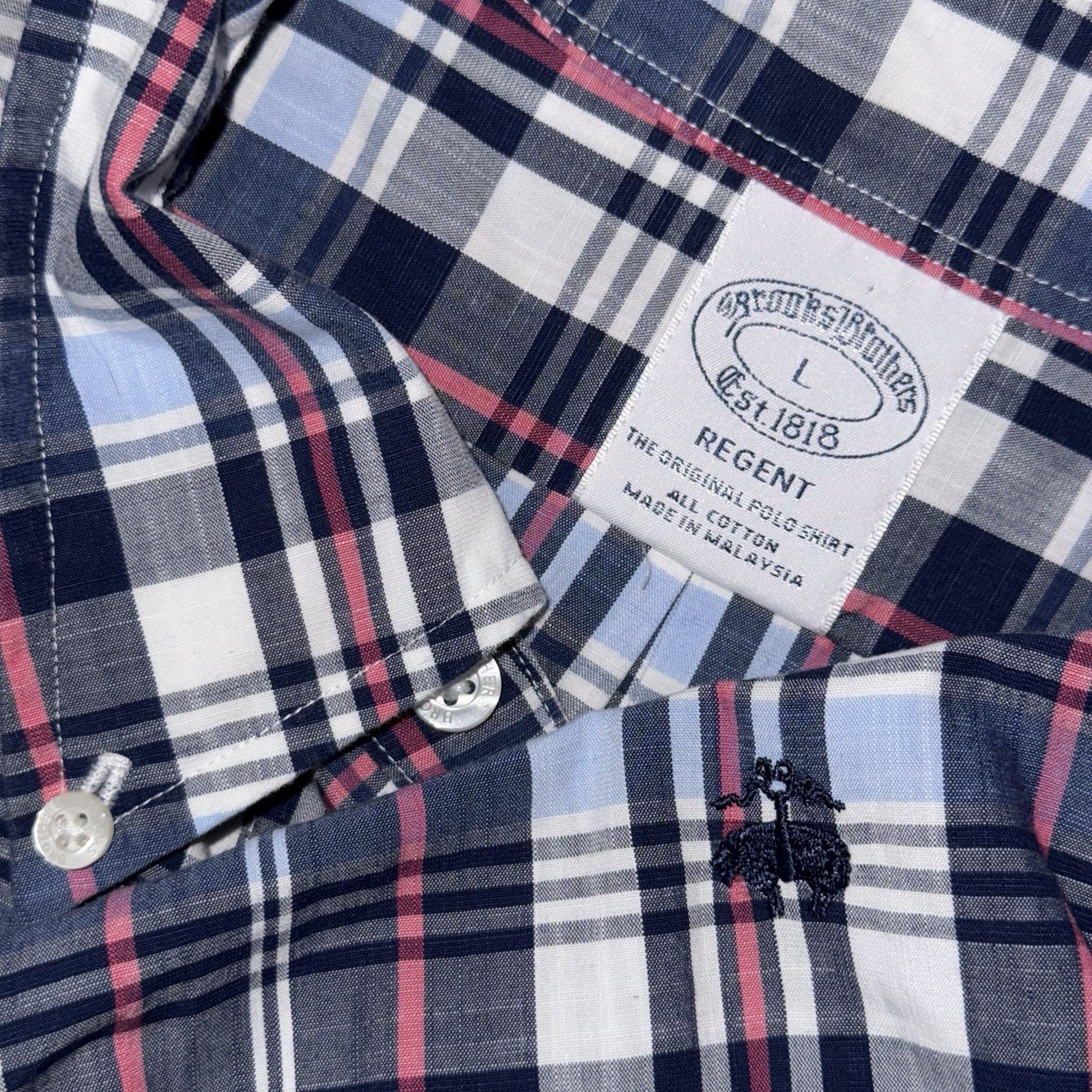 Brooks Brothers Short Sleeve Button Down Regent Shirt Men’s L Blue White Plaid