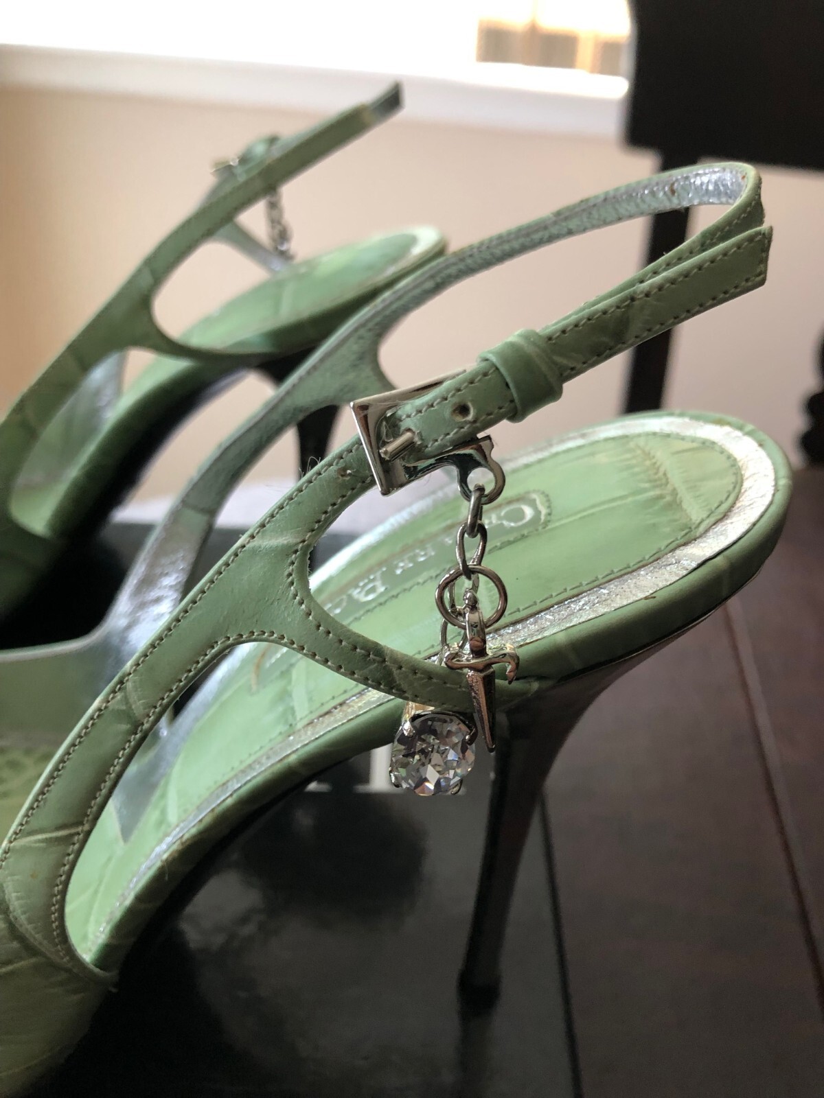 Rare and Unique Cesare Paciotti Dagger Charms Green Stiletto Hills Size 39 US 9