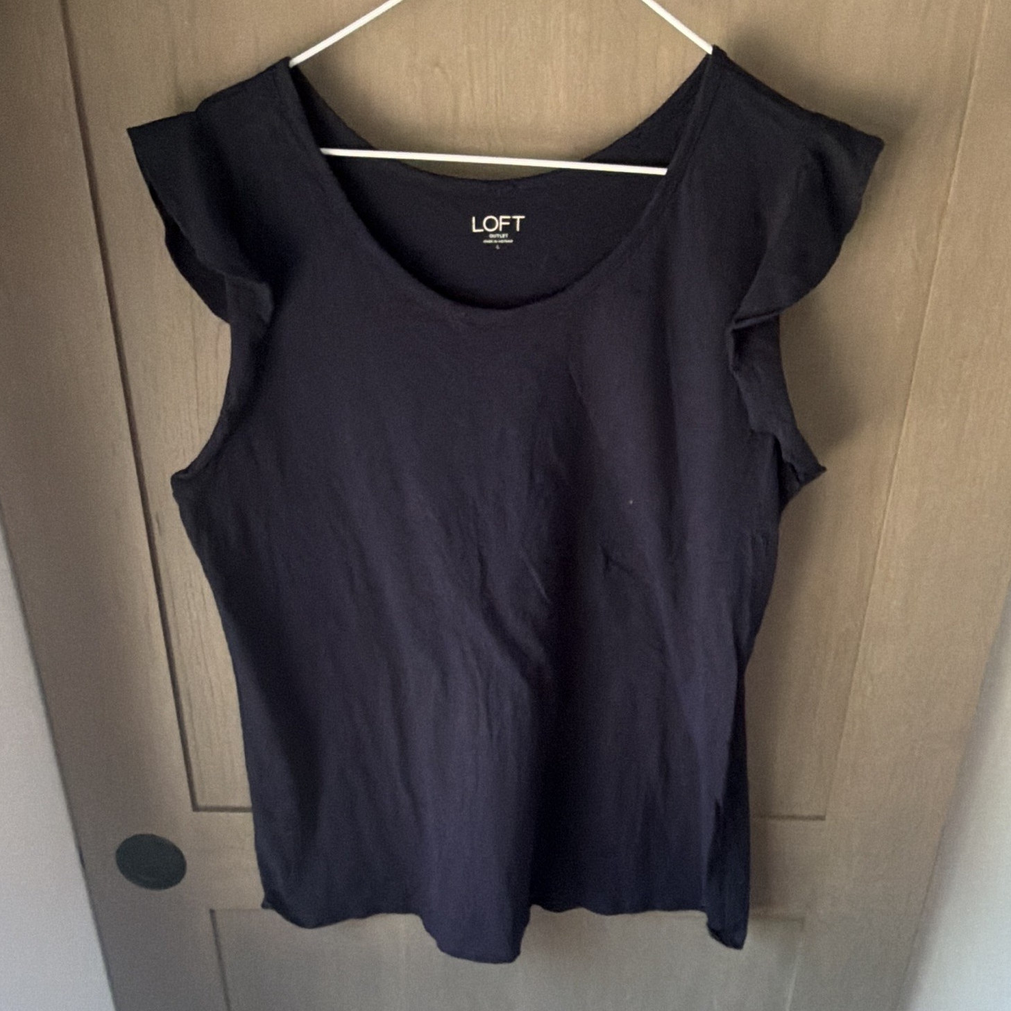 LOFT Outlet Women’s L Blue Solid Scoop Neck Ruffle Cap Sleeve Pullover Top