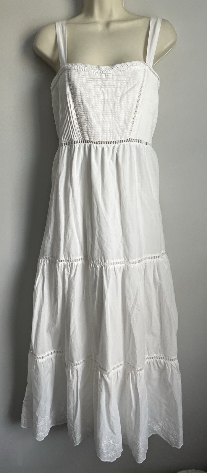 New Altar’D State Women’s White Tier Pleated Embroidery Boho Hippie Maxi Dress M