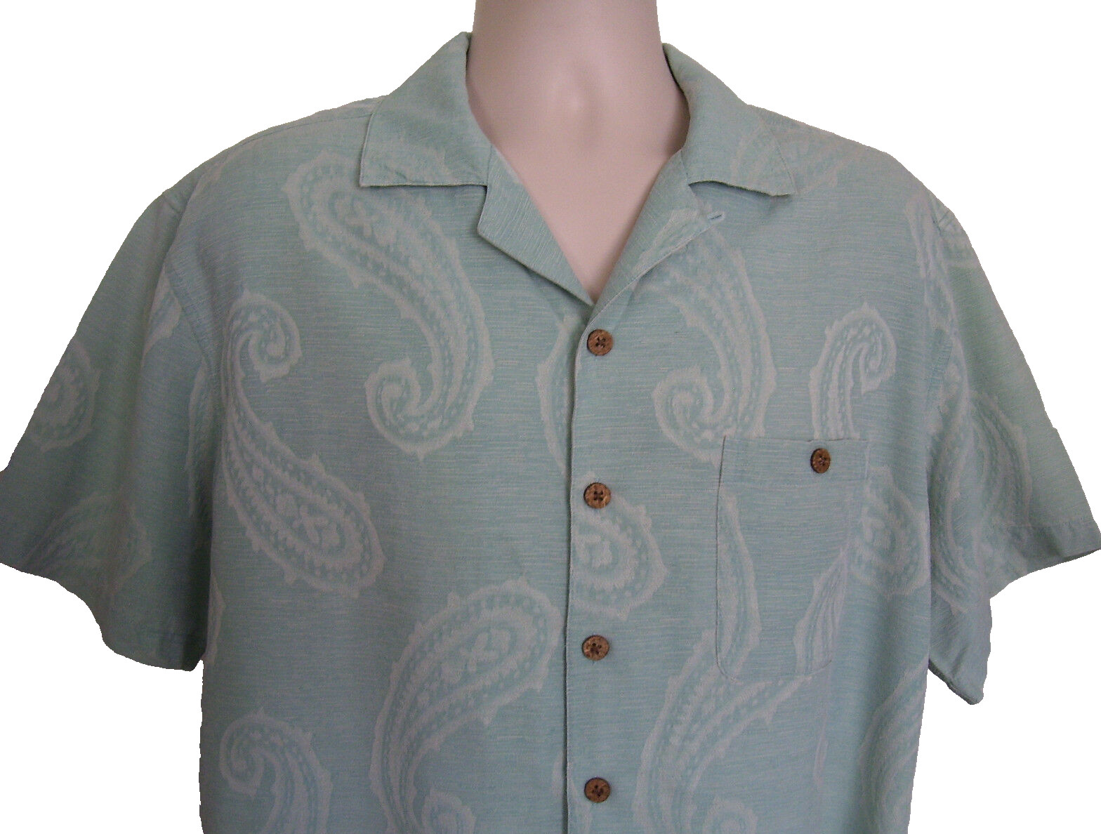 Island Shores Washable Silk Shirt Camp Resort Aqua Blue Paisley Large Hawaiian