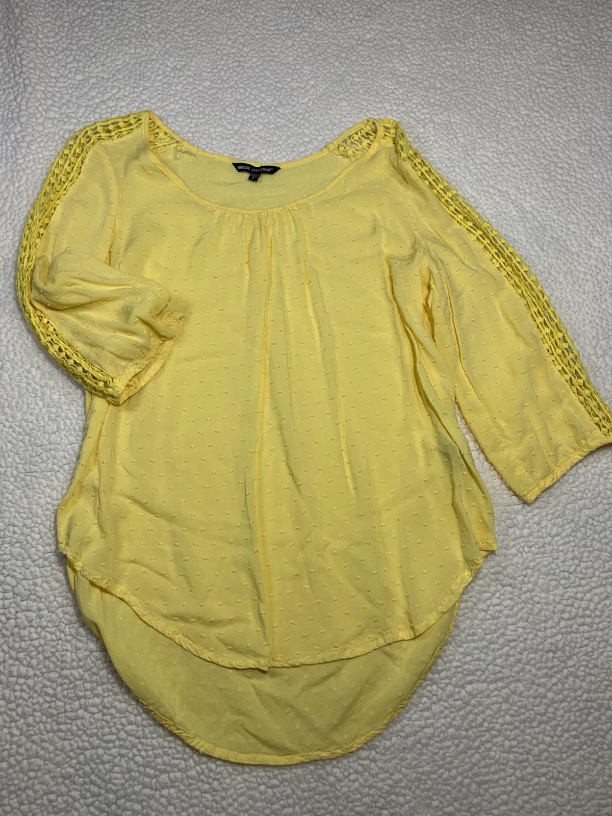 Women’s S Yellow hi lo Crochet 3/4 Sleeve Blouse sheer arms polka dot romantic