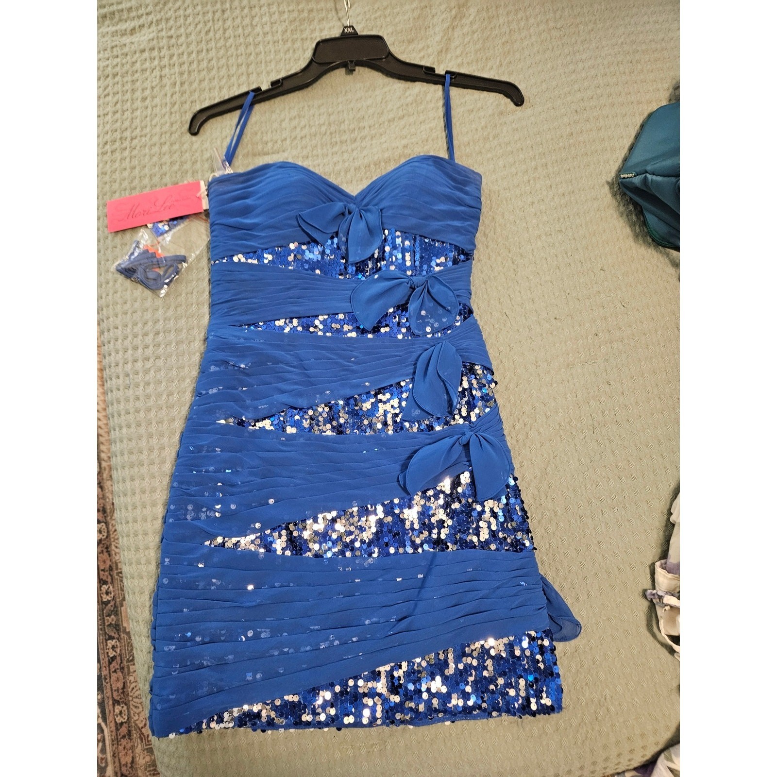 Mori Lee Madeline Gardner Blue Sequin Chiffon Bow Cocktail Dress Mini NWT