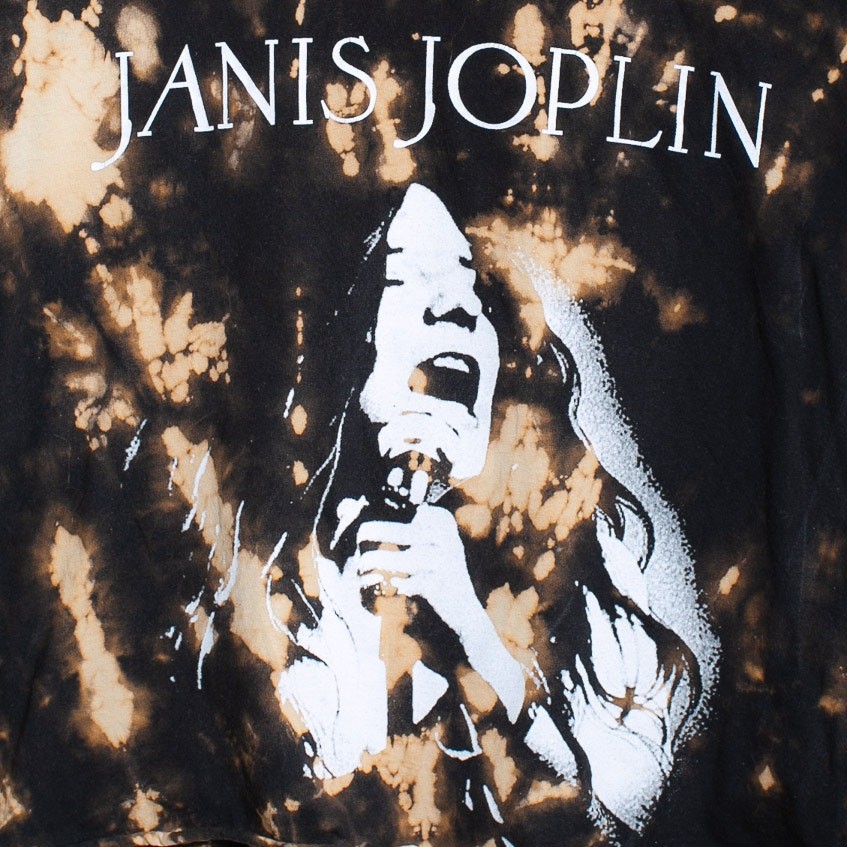 Janis Joplin Hand Bleached Acid Wash Graphic Tee Black Tan Cropped S/M Grunge