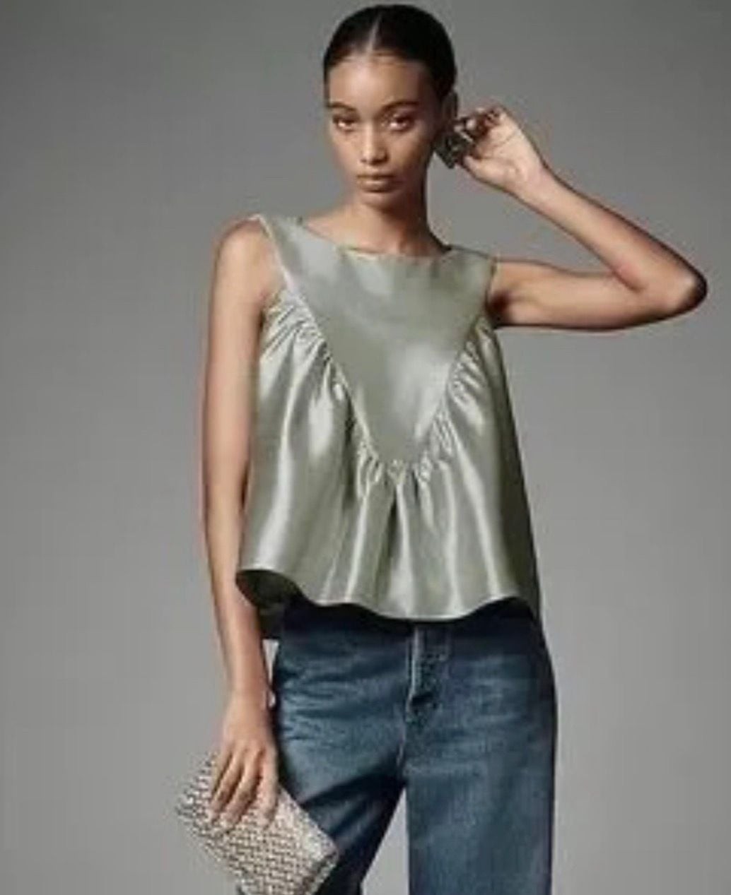 Mare Mare x Anthropologie Shirred Swing Tank Top in Silver Sage