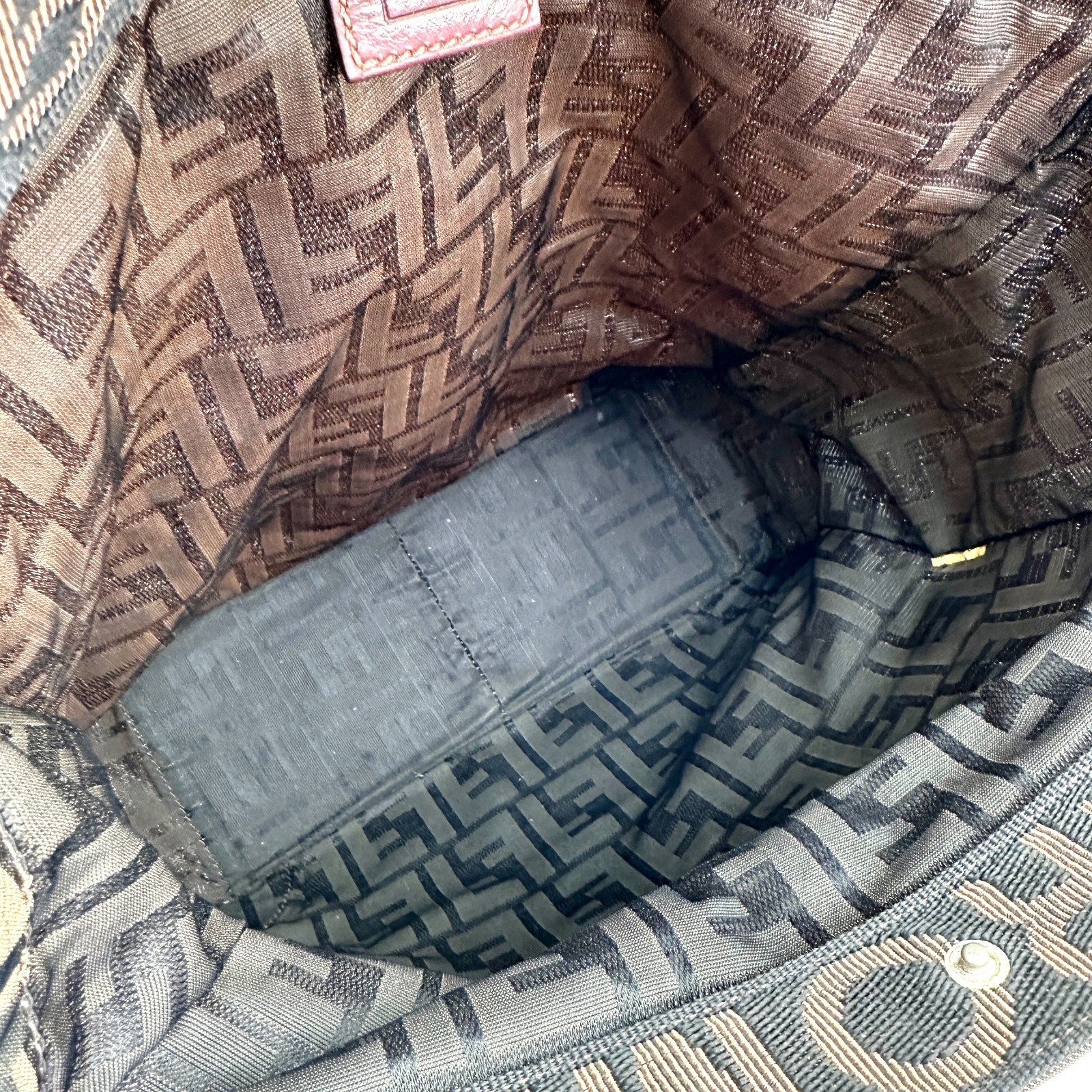 FENDI Zucca Print Tote Bag, Brown, Canvas, Nylon, Leather, Authentic