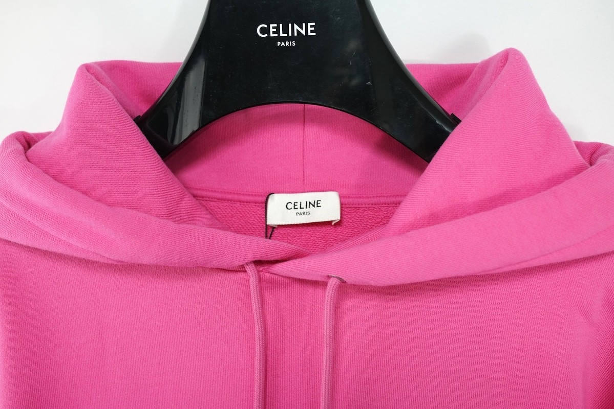 CELINE Front Logo Loose Hoodie Sweatshirt Pink Cotton Size M 2Y958670Q New