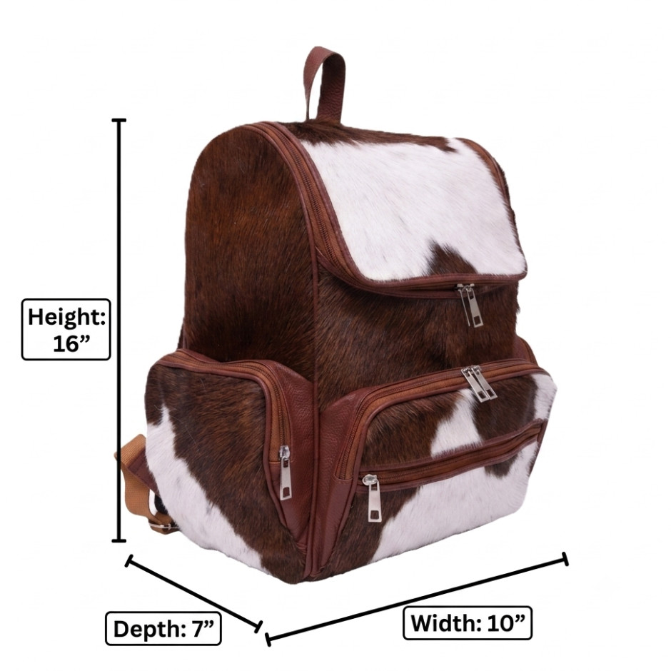 Hair-On Cowhide Leather Backpack Brown White Western Multi-Pocket Daypack Unisex