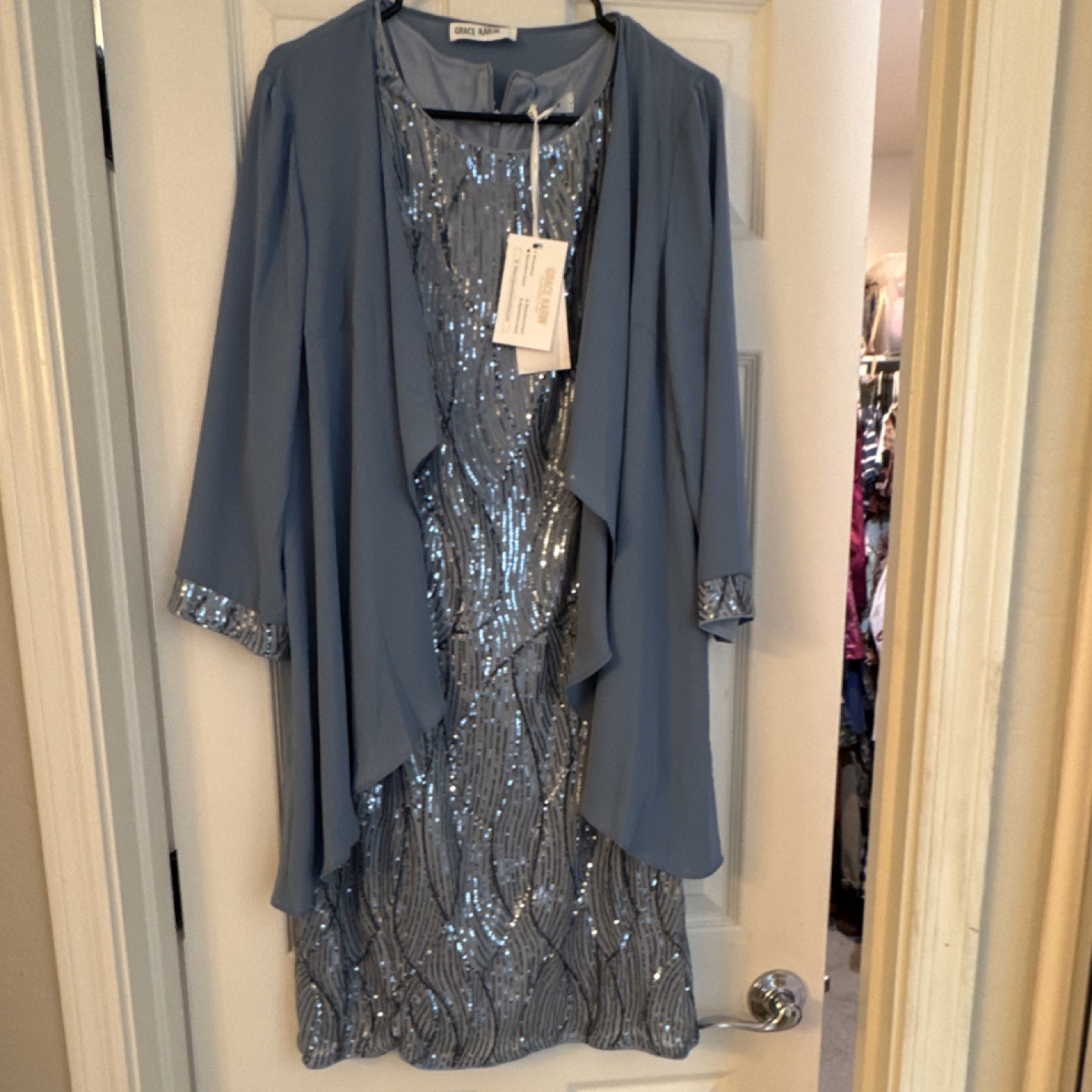 Grace Karin Women’s Blue Sequin Knee-Length Dress with Open-Front Jacket Set