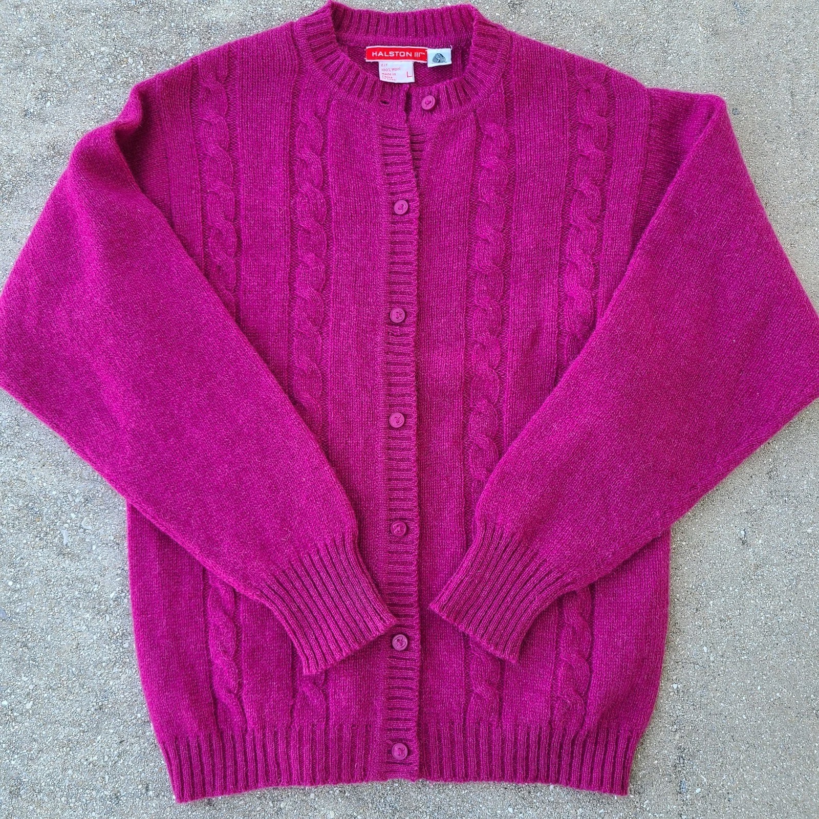 Halston III 100% wool Cardigan Sweater Women’s L Raspberry Red Vintage 1990’s