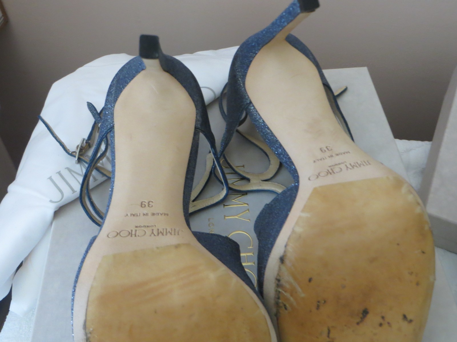 Pre-Owned Jimmy Choo Blue Fine Glitter Strappy Lang Sandal Heels 39M