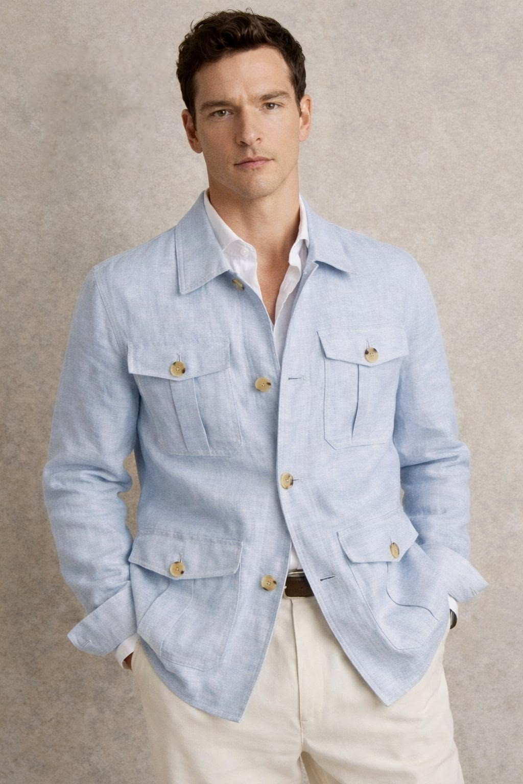 Sky Blue Linen Cotton Men Safari Jacket Summer Casual Wear Men Hunting Coat