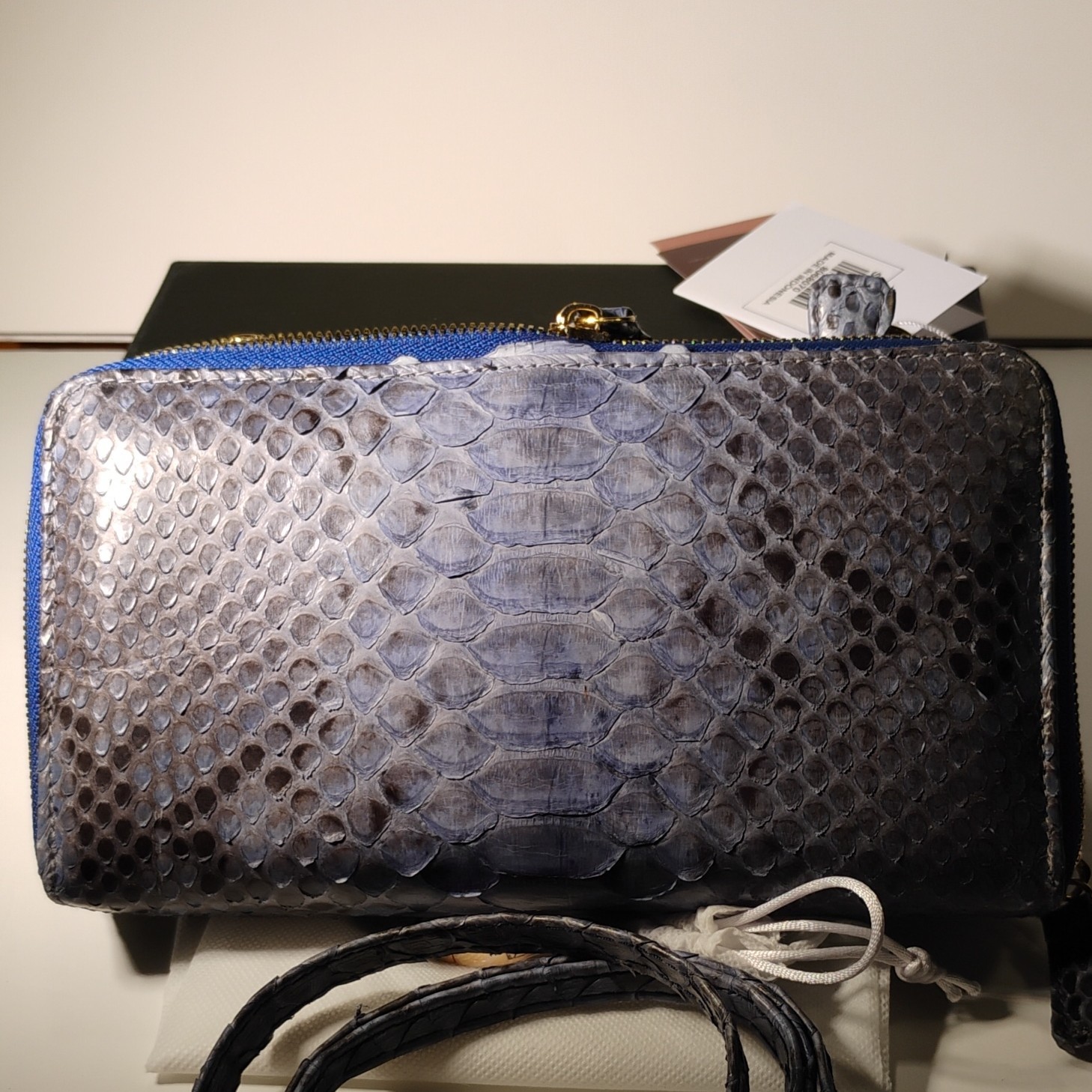 Grand Pelle Navy Python Snakeskin Crossbody Bag, Detachable Strap, Zip, Pockets