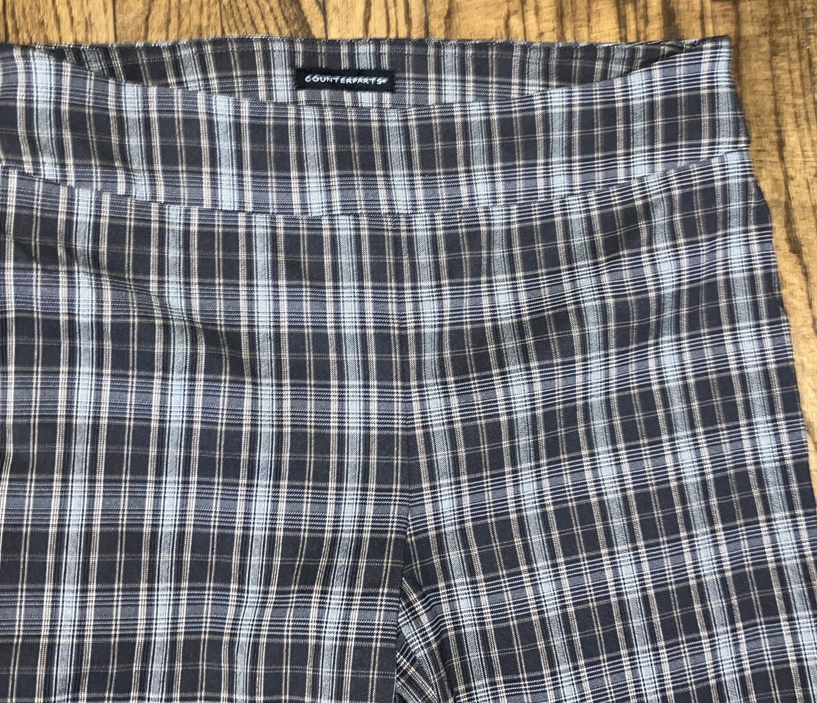 Counterparts Women’s Black White & Gold Plaid Dress Pants L Flat Front Stretch