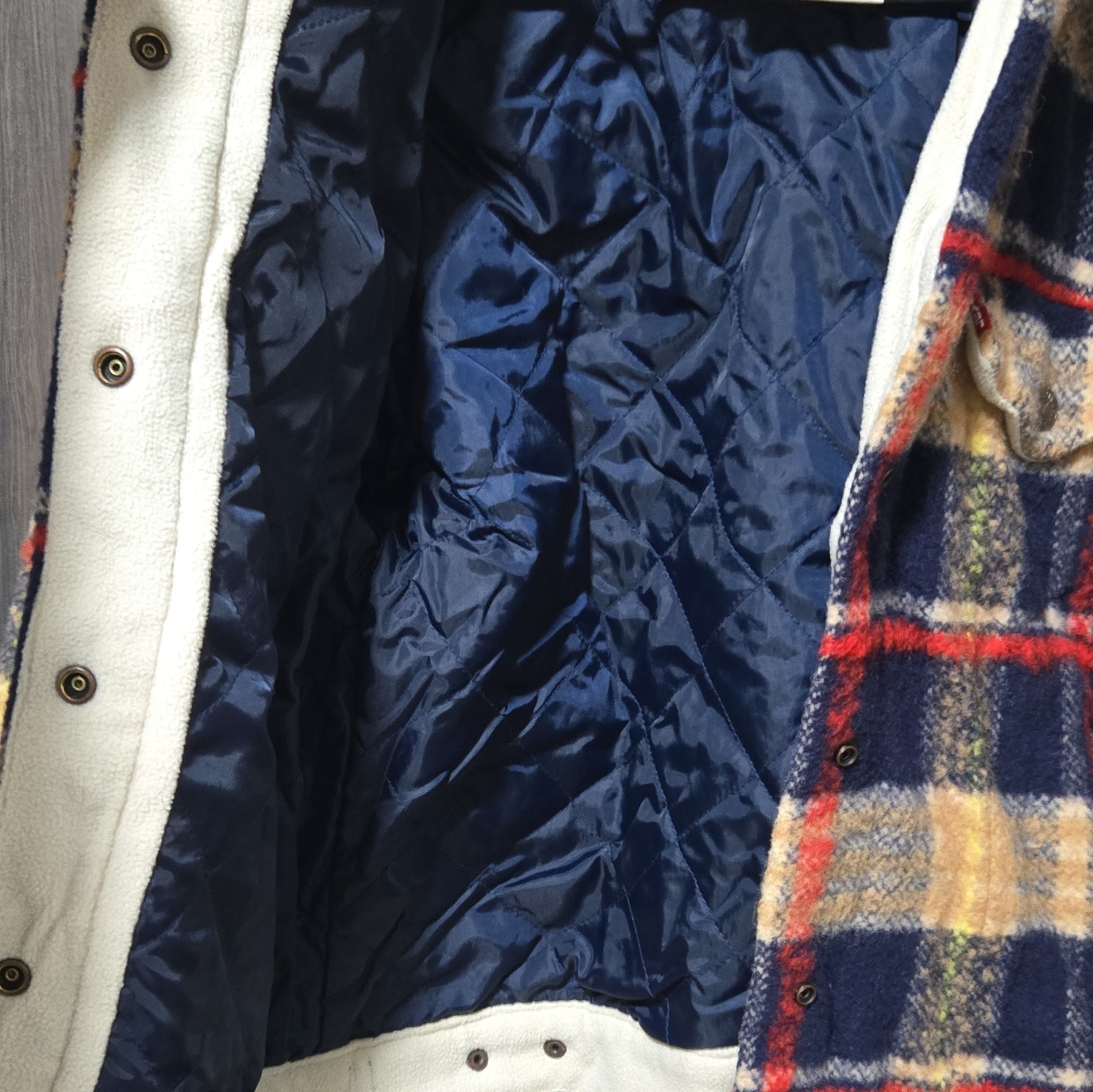 Levi’s Men’s Plaid Lined Sherpa Collar Snap Jacket Size M Blue/Beige/Red